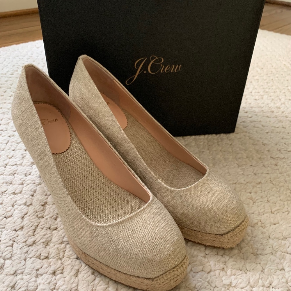 NIB J Crew Metallic Canvas Espadrille Wedges Size 8